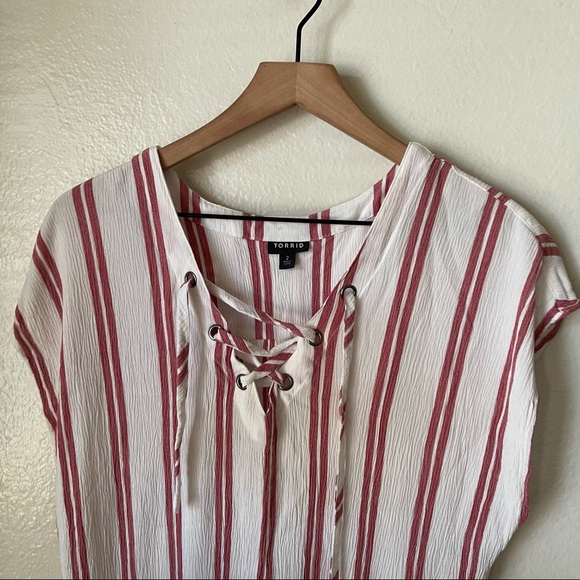 Torrid | Striped Gauze Lace Up Dolman Blouse - Picture 2 of 6
